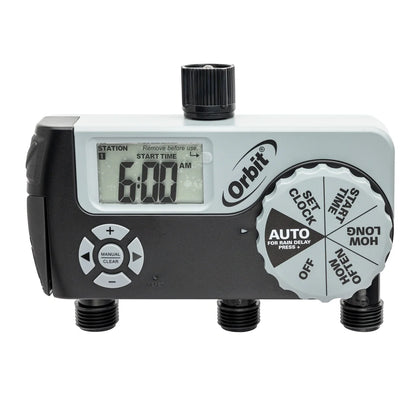 Orbit 3-outlet hose timer with digital display and big dial gray unit with 3 fittings on Tampa Home & Garden Store