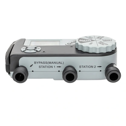 Orbit Irrigation 3-outlet hose end timer with digital controls, gray body and Station 1 and 2 on Tampa Home & Garden Store