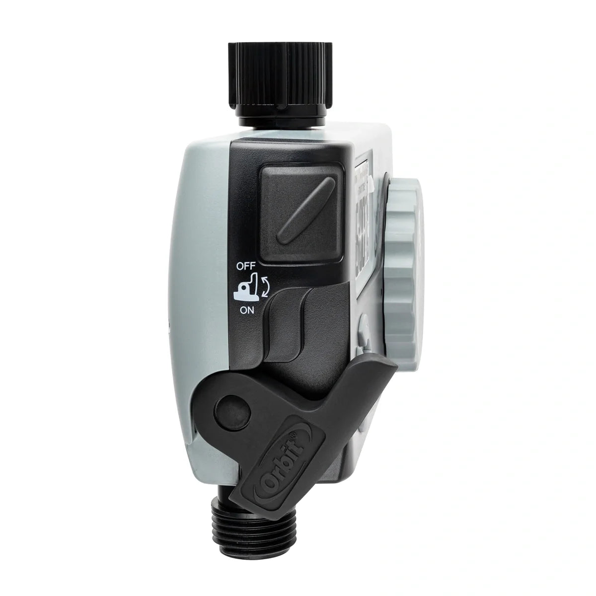 3-outlet hose faucet timer by Orbit Irrigation with digital controls gray body and side dial on Tampa Home & Garden Store
