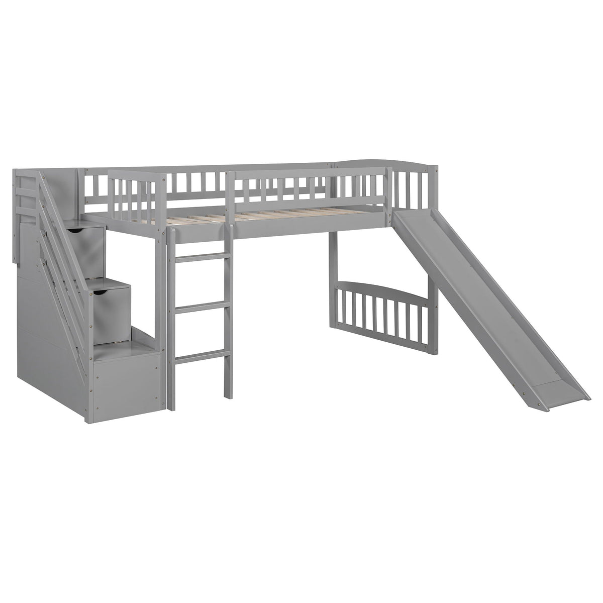 Loft Stairway Bed with 2 Drawers, gray metal frame, ladder and slide HouseOfZazla on Tampa Home & Garden Store