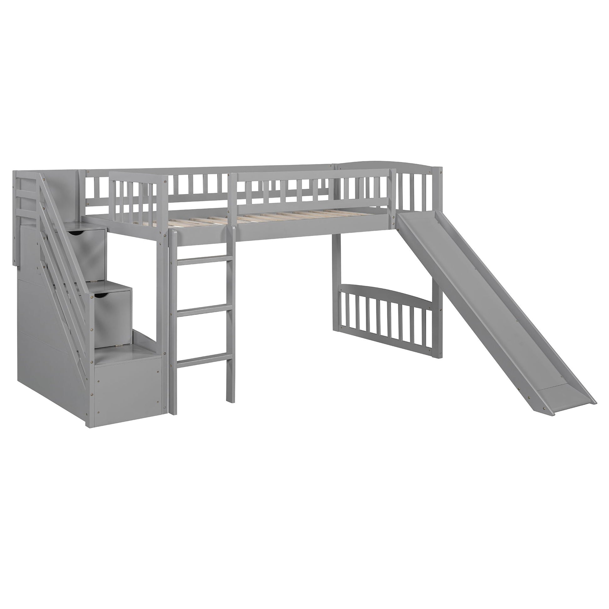 Loft Stairway Bed with 2 Drawers, gray metal frame, ladder and slide HouseOfZazla on Tampa Home & Garden Store