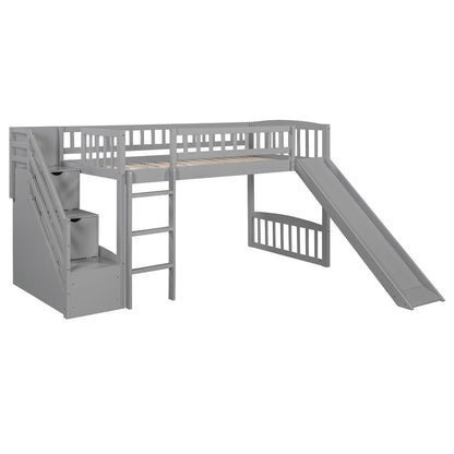 Loft Stairway Bed with 2 Drawers, gray metal frame, ladder and slide HouseOfZazla on Tampa Home & Garden Store