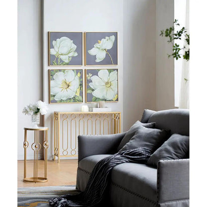 Botanical wall art prints set of 4 in gray with gold frames above a modern console on Tampa Home & Garden Store