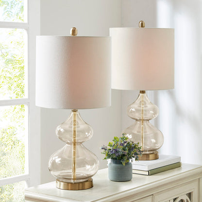 Ellipse Curved Glass Table Lamp set of 2 HouseOfZazla glass bodies, brass stems, cream shades on Tampa Home & Garden Store