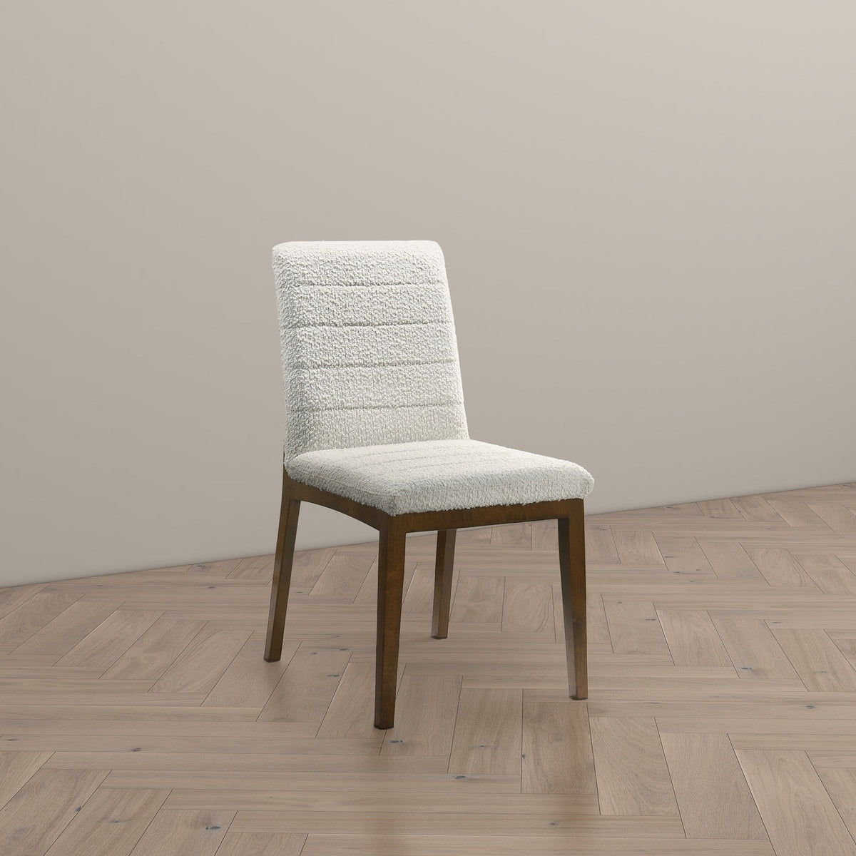 Modern dining chair with solid wood base and white boucle upholstery on Tampa Home & Garden Store