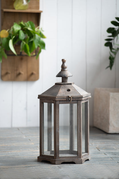 S/2 Graca polygon temple garden lanterns by HouseOfZazla, rustic wooden frame with glass panels on Tampa Home & Garden Store