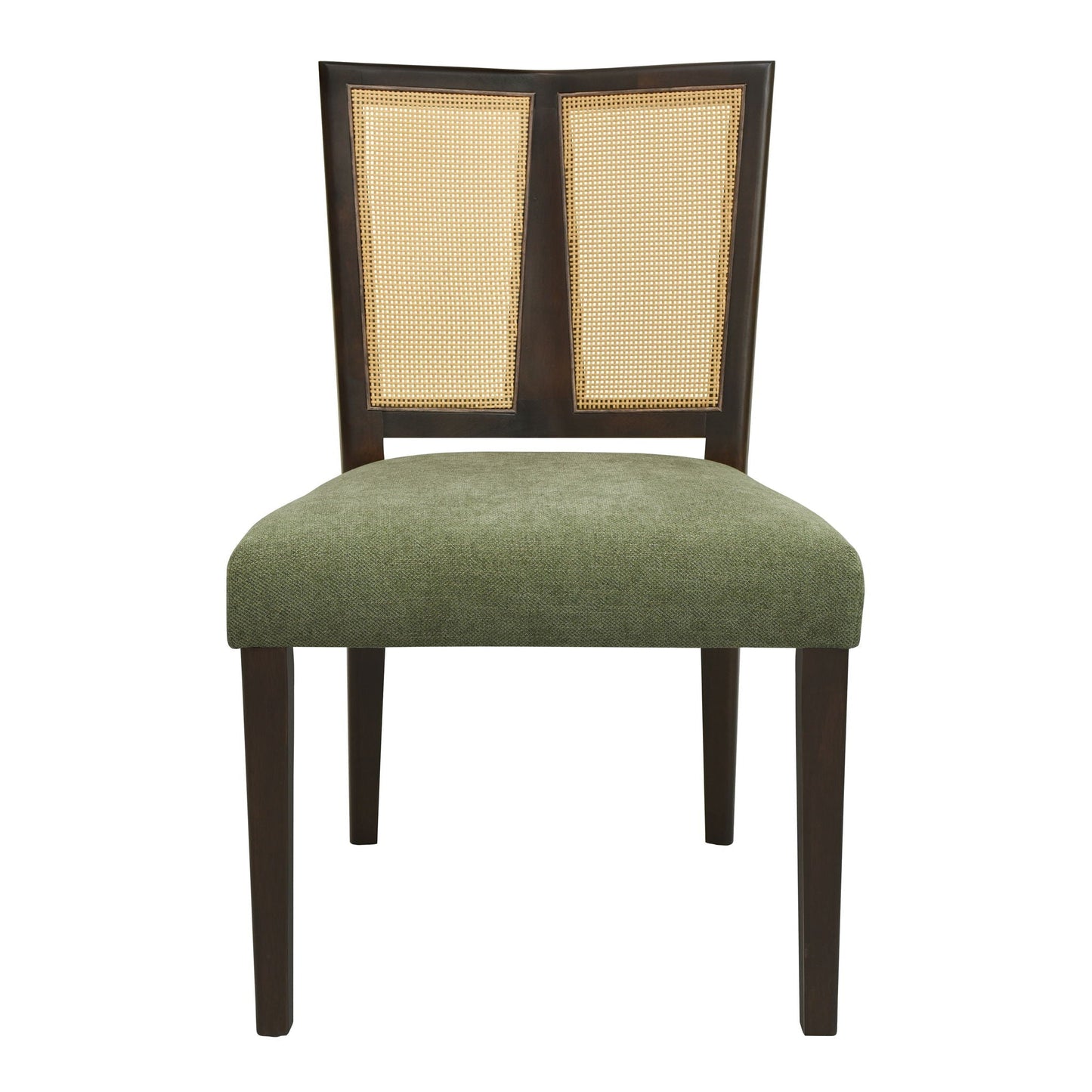Mid Century Rattan Dining Chair Without Arms, dark wood frame, caned back, green cushion on Tampa Home & Garden Store