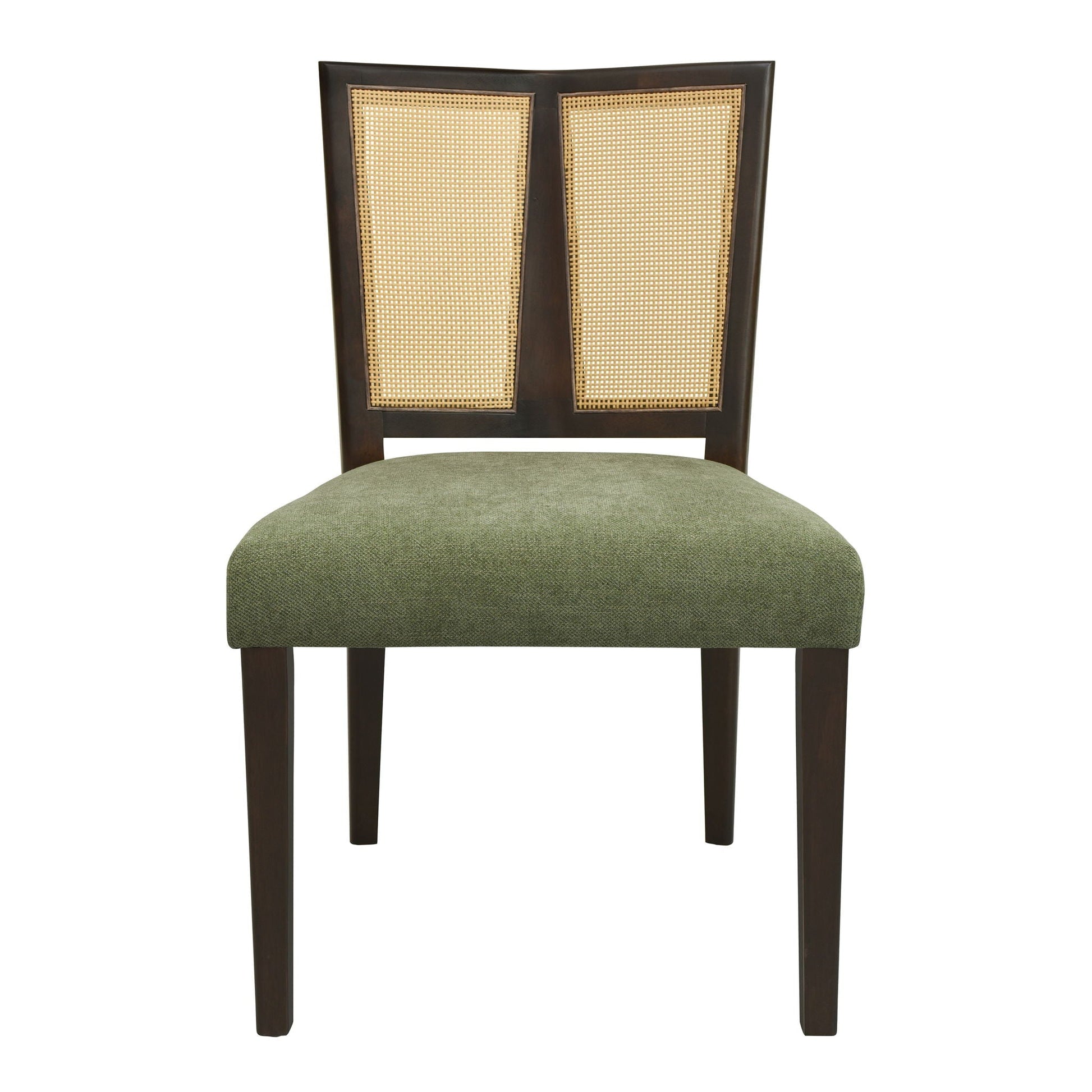Mid Century Rattan Dining Chair Without Arms, dark wood frame, caned back, green cushion on Tampa Home & Garden Store
