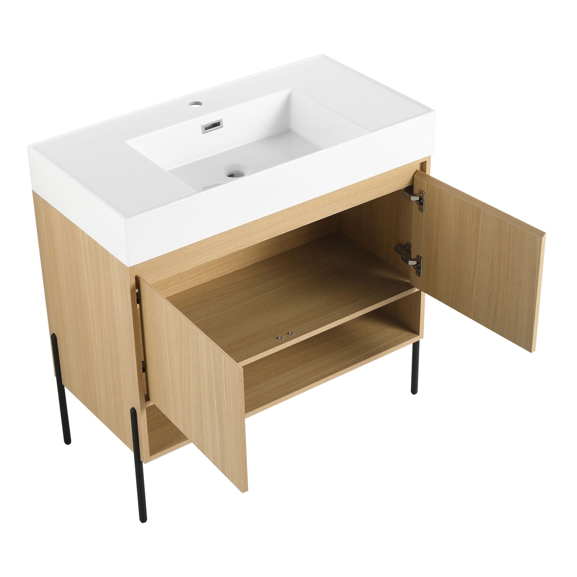 Modern bathroom vanity with single resin sink, light wood cabinet and open shelving on Tampa Home & Garden Store