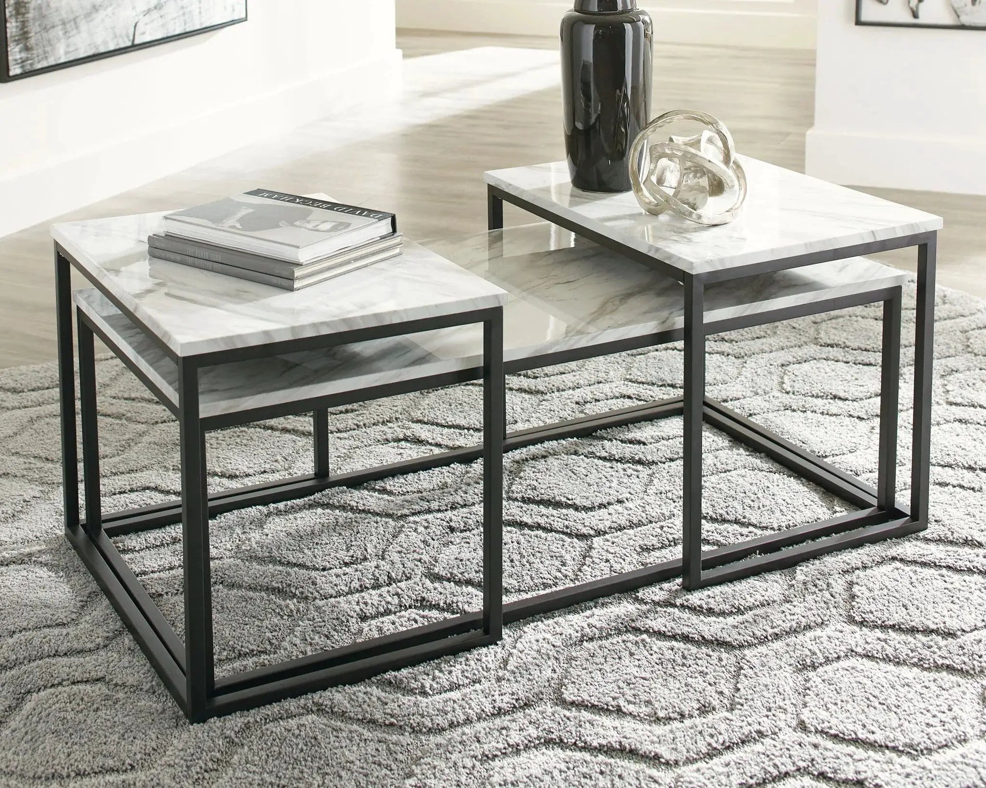 Donnesta Occasional Table Set (Set of 3) gray marble tops with black metal frames nesting tables on Tampa Home & Garden Store