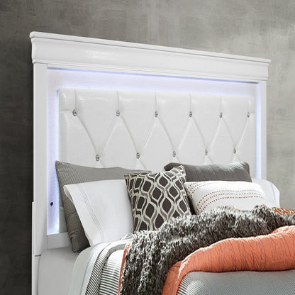Shaker bed with white panel frame, crystal inspired tufted headboard and LED lighting on Tampa Home & Garden Store