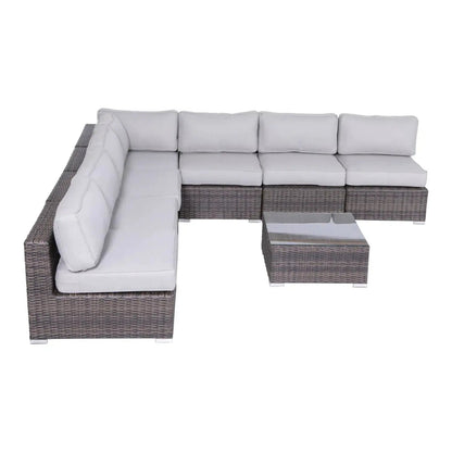4-piece outdoor seating set with light gray cushions in handcrafted wicker and glass-top table on Tampa Home & Garden Store