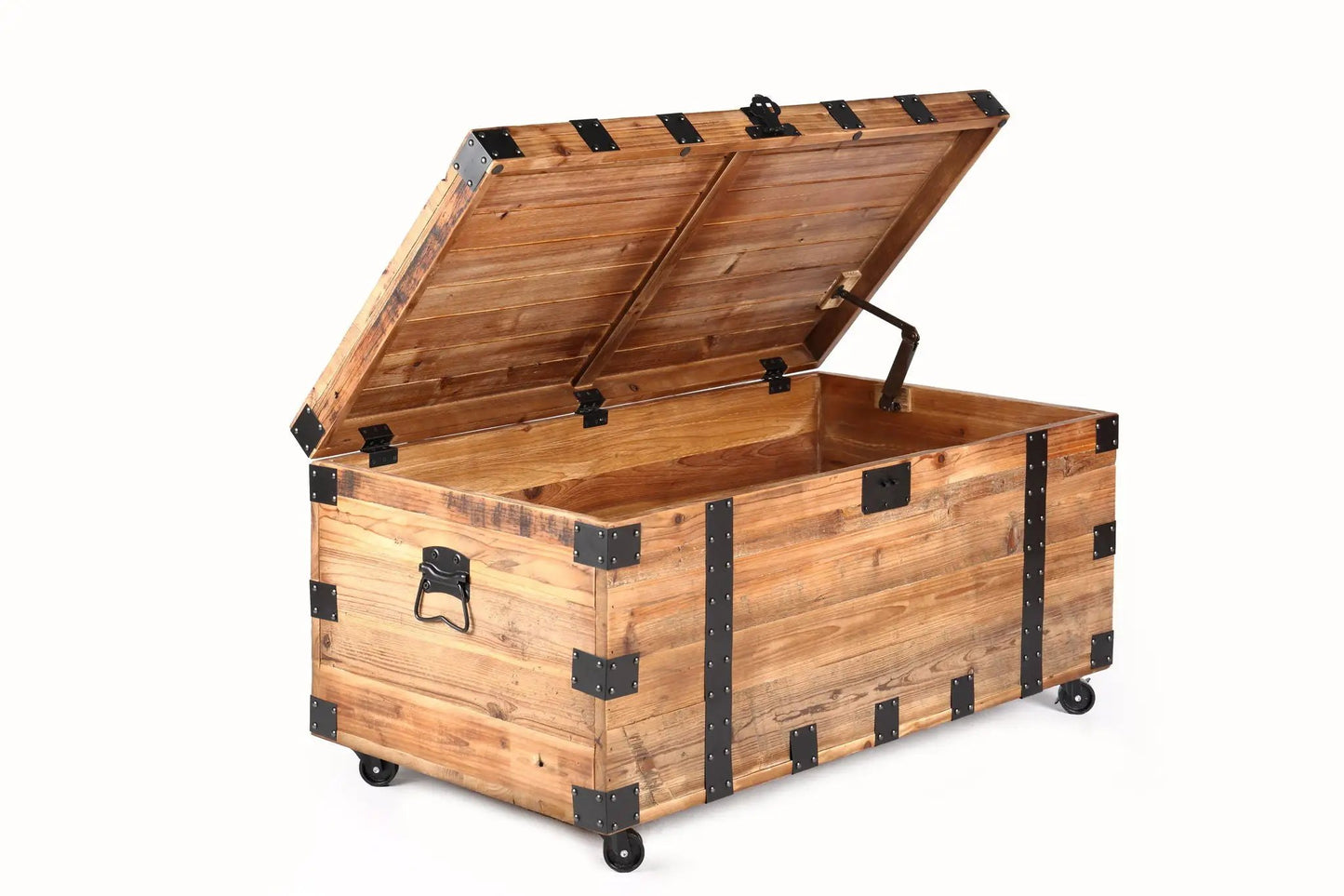 Trunk coffee table with four wheels, natural wood finish, large storage, black metal hardware on Tampa Home & Garden Store