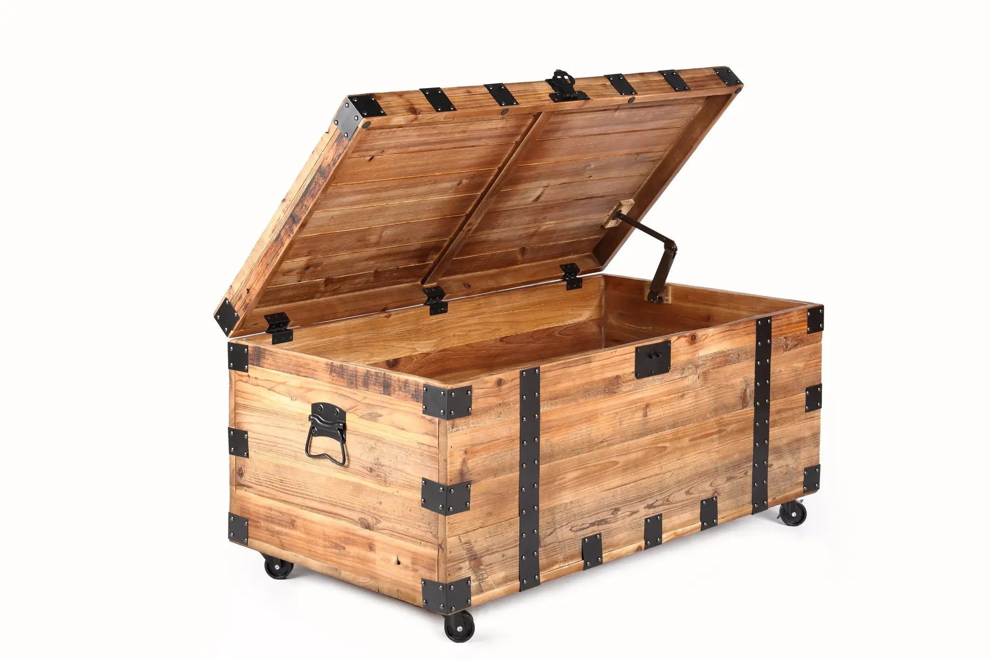 Trunk coffee table with four wheels, natural wood finish, large storage, black metal hardware on Tampa Home & Garden Store