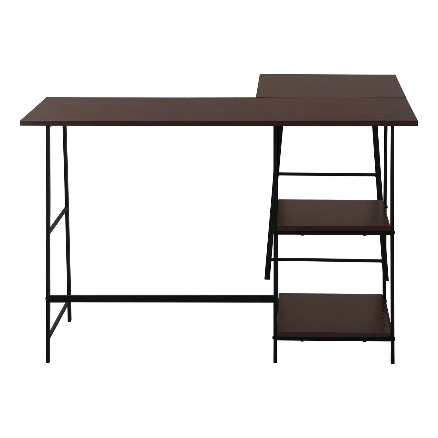 Dark brown L-shaped computer desk with black metal legs and right-side storage shelves on Tampa Home & Garden Store