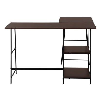 Dark brown L-shaped computer desk with black metal legs and right-side storage shelves on Tampa Home & Garden Store
