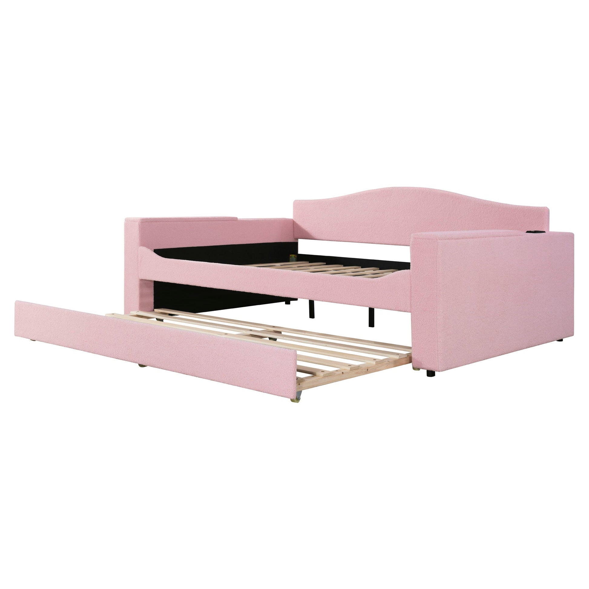 Pink upholstered daybed with storage, armrests and trundle with built-in audio system on Tampa Home & Garden Store
