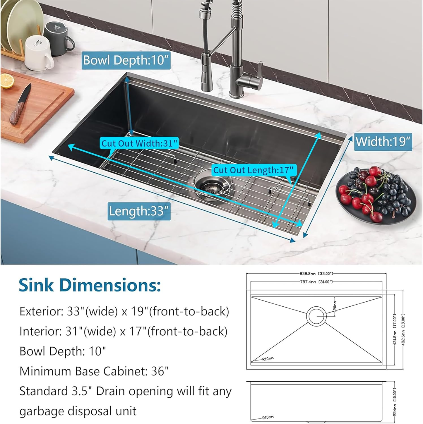 33 Inch Gunmetal Undermount Workstation Sink