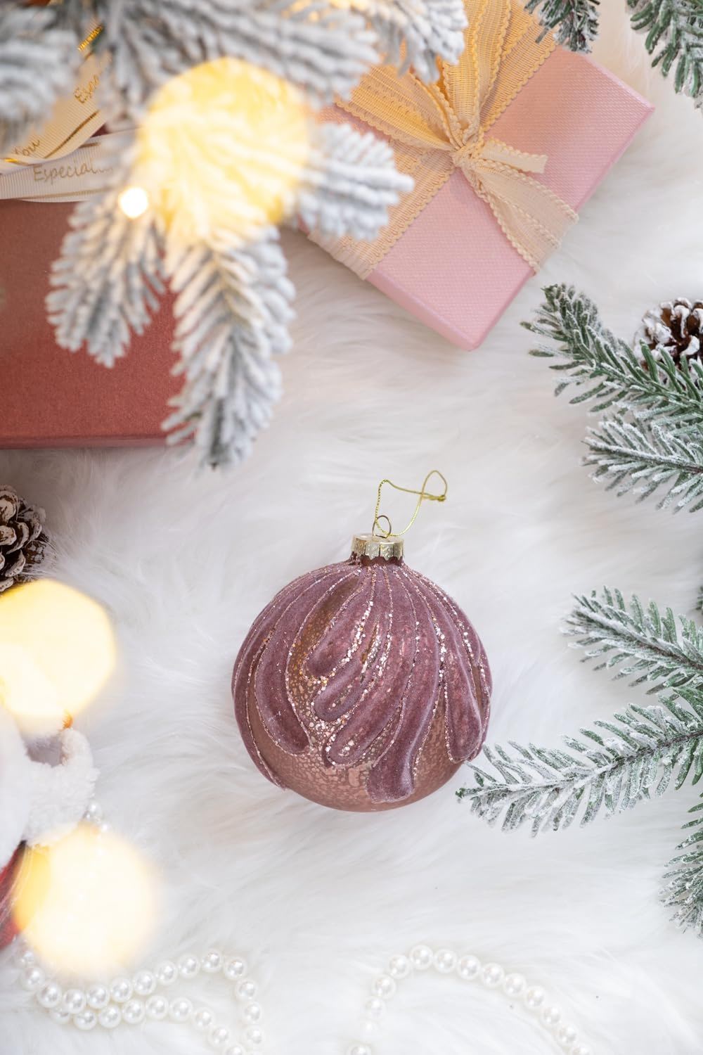 Glass Christmas ball ornament set of 6 in pink glitter with gold cap by HouseOfZazla on Tampa Home & Garden Store