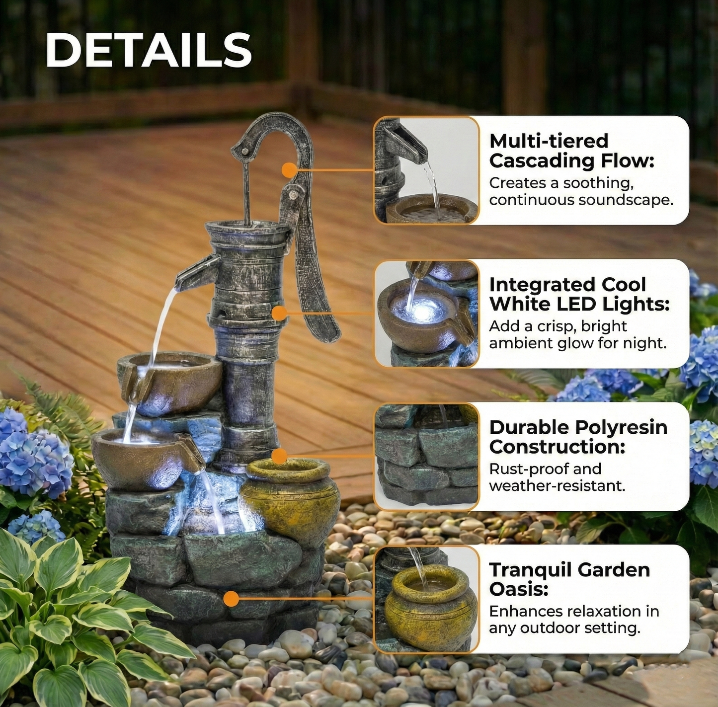 32in H Large Outdoor Fountain with Vintage Pump by HouseOfZazla; rustic metal, cascading water on Tampa Home & Garden Store