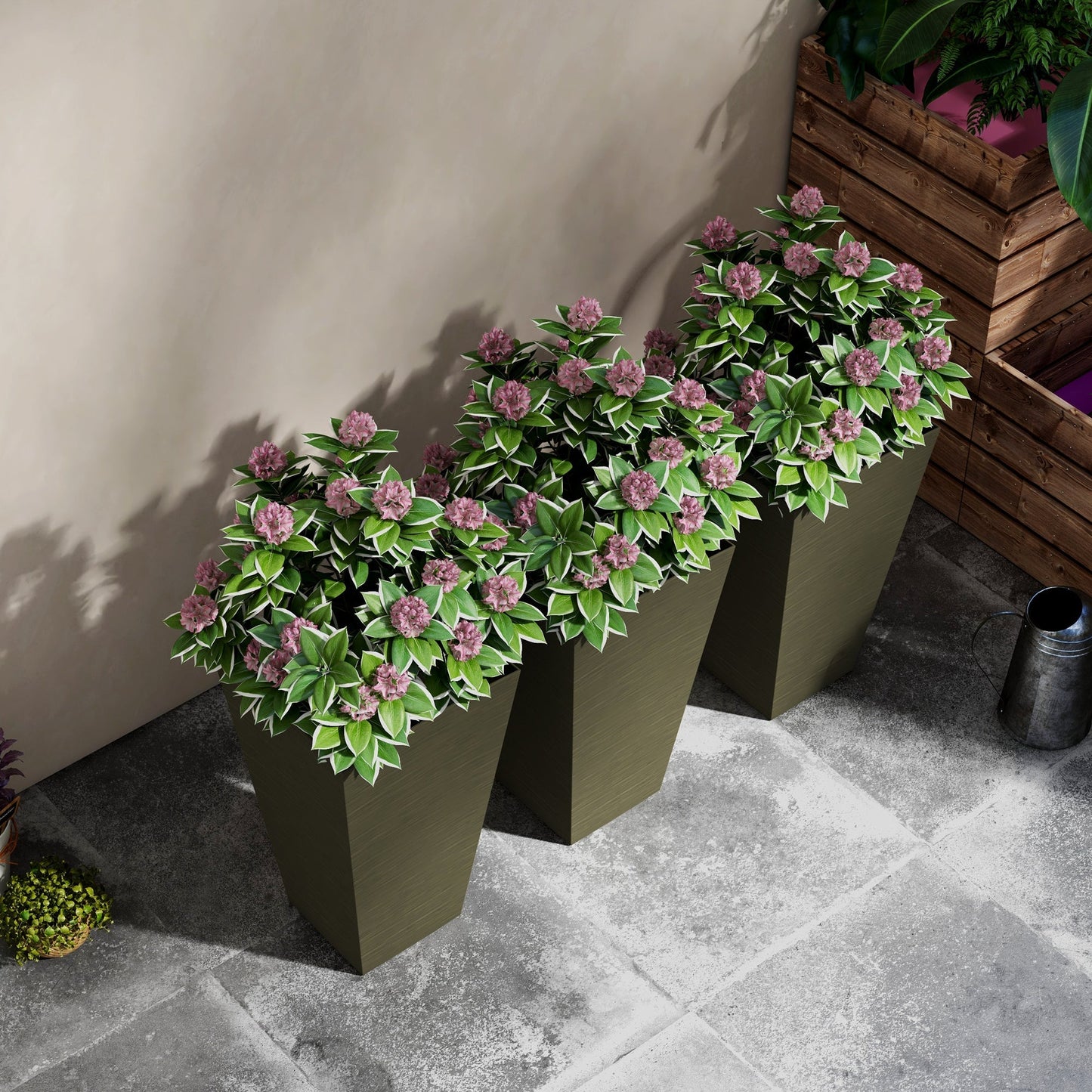 Outsunny 28in tall outdoor planters set of 3 with tapered pots and pink blossoms on Tampa Home & Garden Store