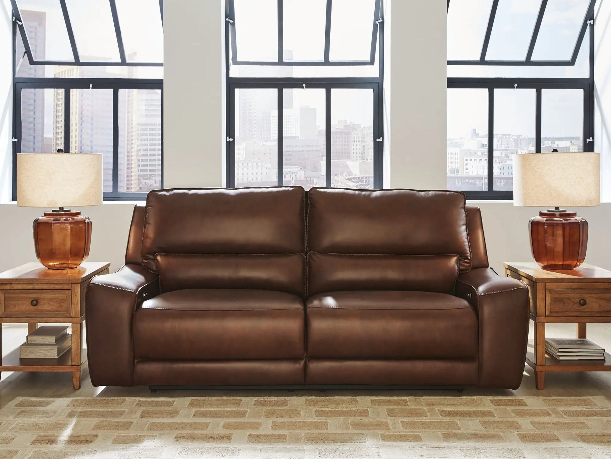 DeepWakes 2-seat power reclining brown leather sofa with adjustable headrests on Tampa Home & Garden Store