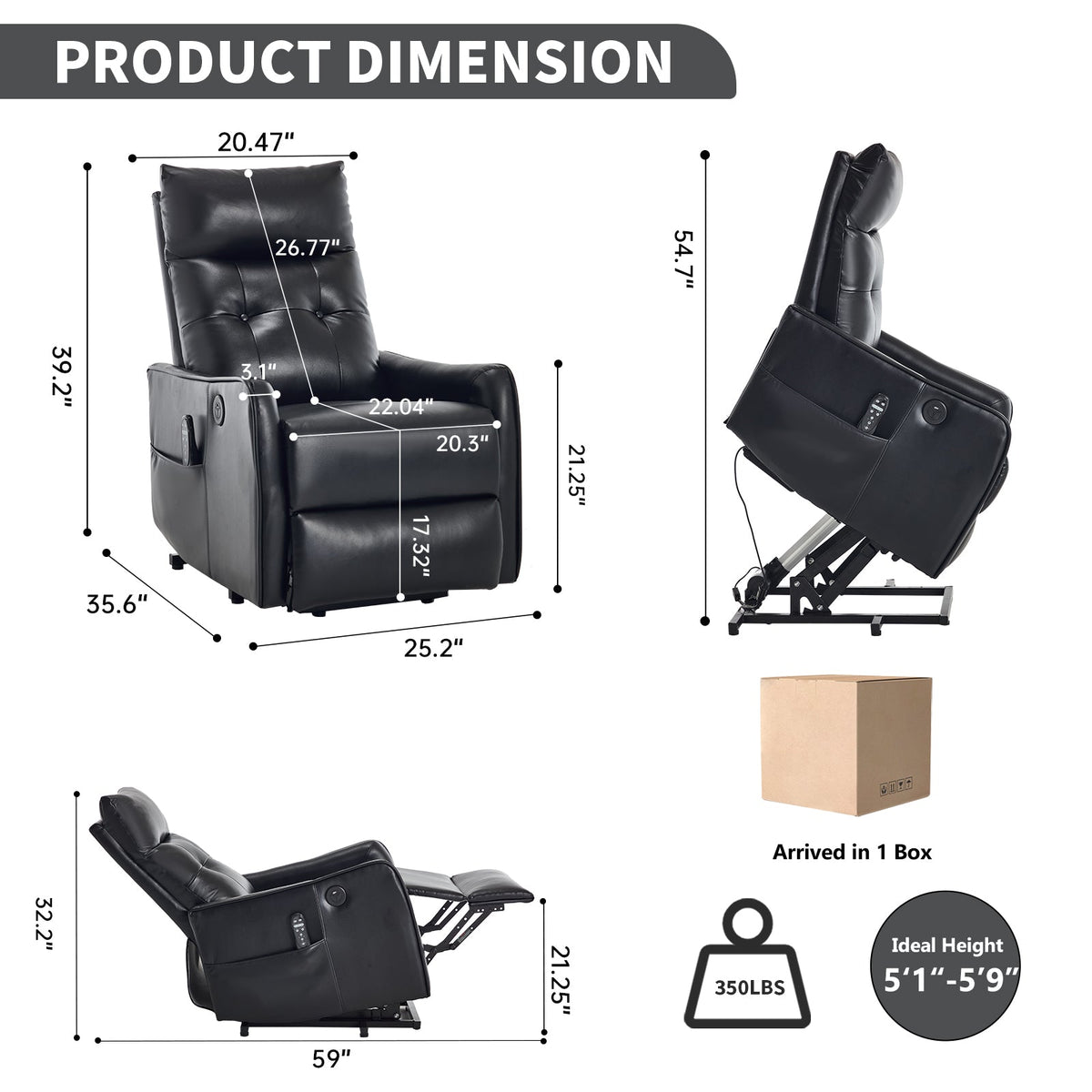 Black PU single motor lift recliner chair by HouseOfZazla, recliner with dimension arrows on Tampa Home & Garden Store