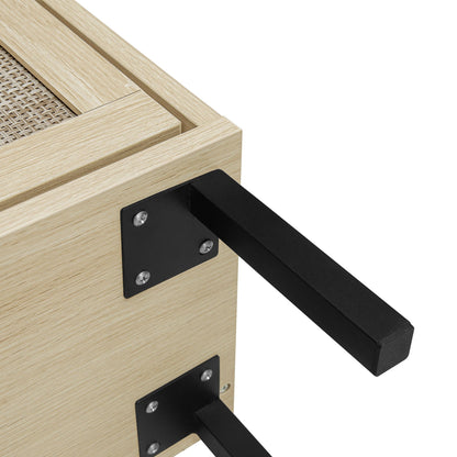 Modern Rattan 3 Door Shoe Rack Cabinet in natural wood with woven panel and black metal hardware on Tampa Home & Garden Store
