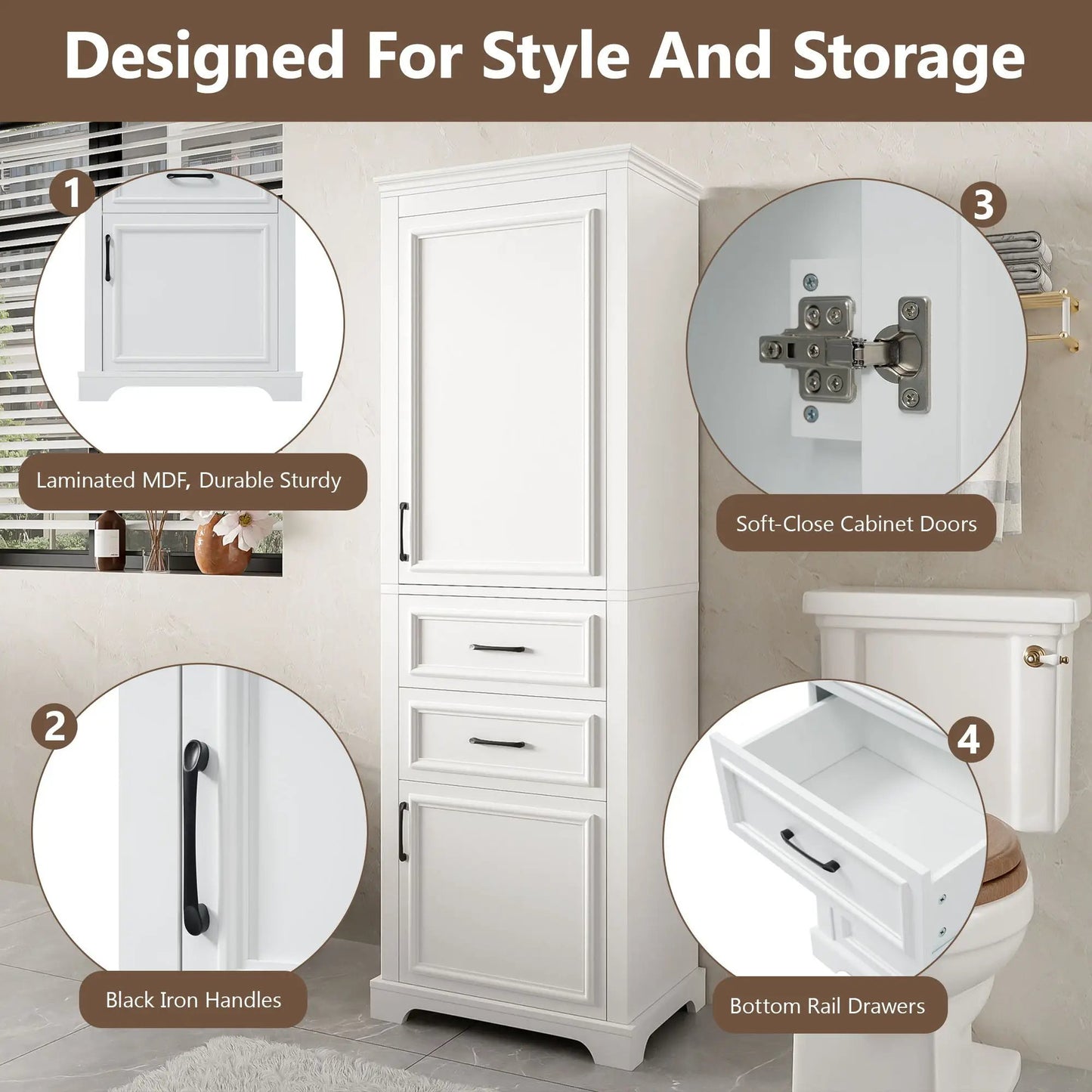White freestanding tall linen cabinet with damped hinge doors and adjustable shelves on Tampa Home & Garden Store