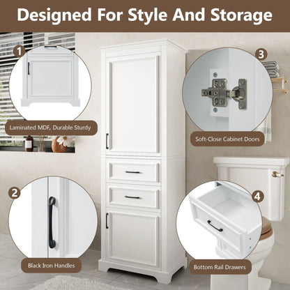 White freestanding tall linen cabinet with damped hinge doors and adjustable shelves on Tampa Home & Garden Store