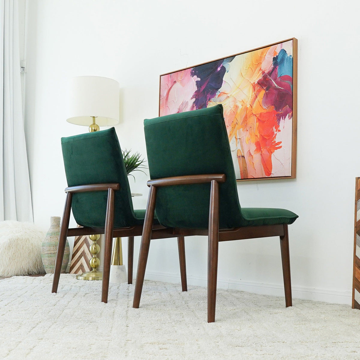 Monza contemporary dining chair set, two dark-green upholstered chairs with solid wood frames on Tampa Home & Garden Store