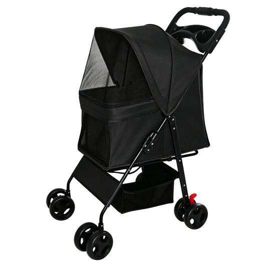 Foldable Pet Stroller for Small Dogs and Cats Under 28 lbs, black fabric with mesh canopy, HouseOfZazla on Tampa Home & Garden Store