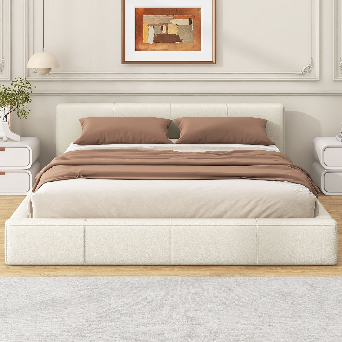 Stylish Upholstered Bed with Birch Wood Frame ivory upholstery and brown bedding on Tampa Home & Garden Store