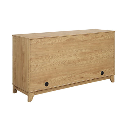 Light oak sideboard with natural wood grain, black round drawer knobs, tapered legs on Tampa Home & Garden Store
