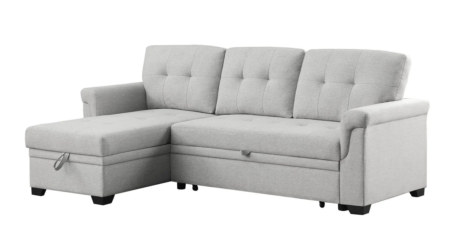 Destiny reversible sleeper sectional sofa with storage chaise in gray fabric, tufted cushions on Tampa Home & Garden Store