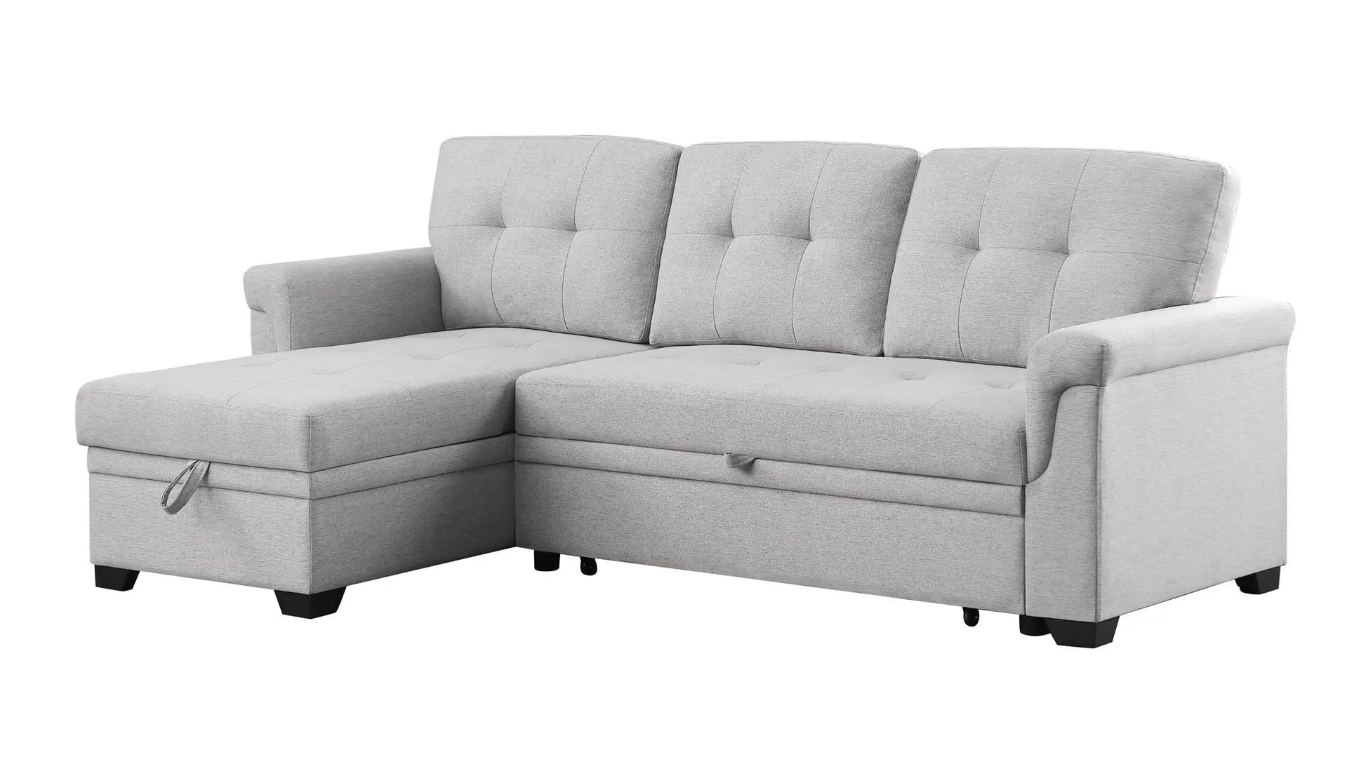 Destiny reversible sleeper sectional sofa with storage chaise in gray fabric, tufted cushions on Tampa Home & Garden Store