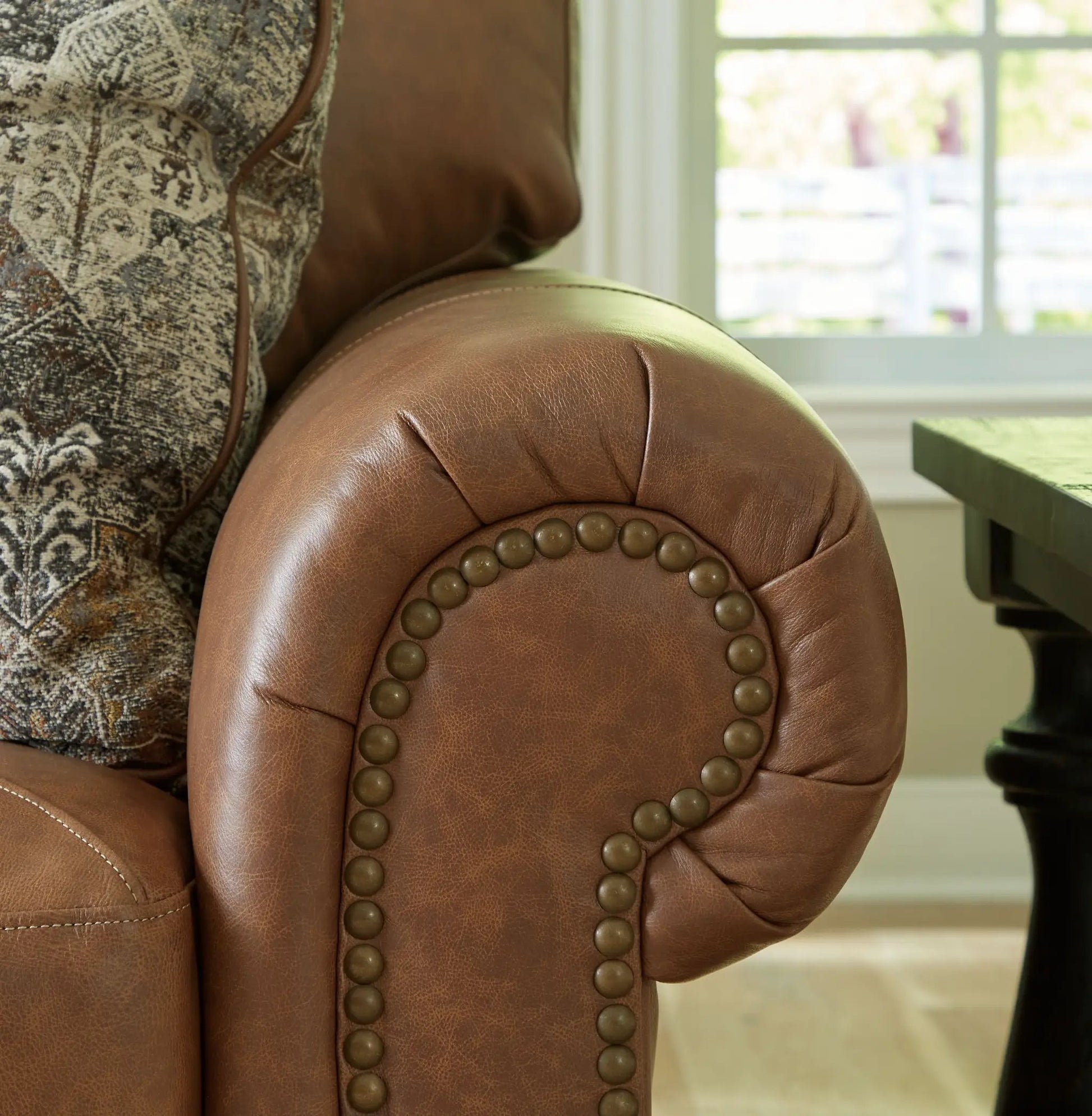 Carianna sofa caramel leather with studded nailhead trim by Unique Piece Furniture on Tampa Home & Garden Store
