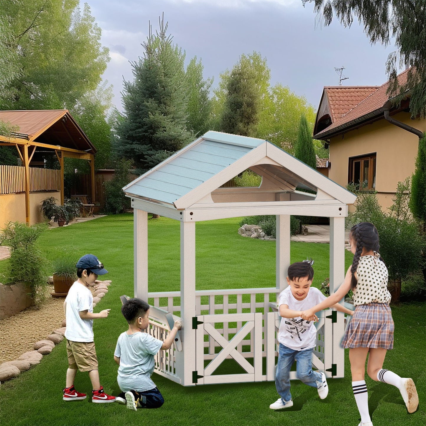 Outdoor Wood Playhouse with White Bench and Door