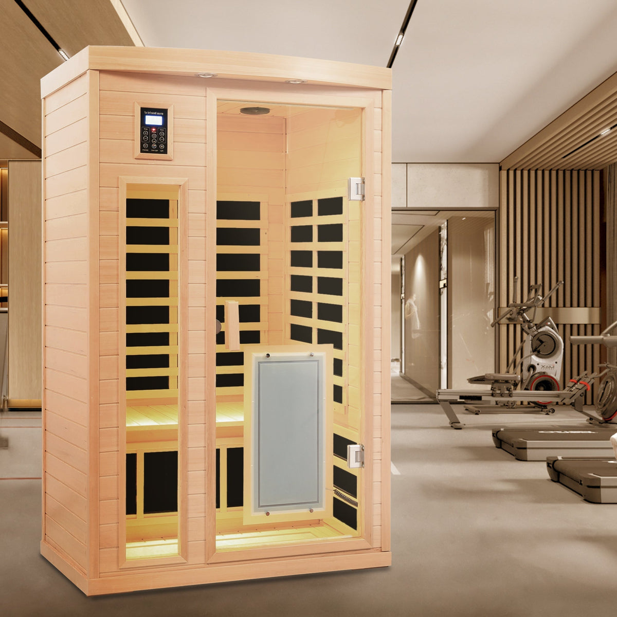 Two-person infrared sauna in light hemlock wood with glass door and wall-mounted touch control panel on display on Tampa Home & Garden Store