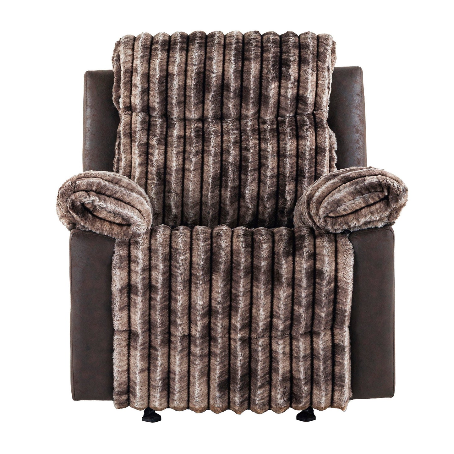 Bruni glider recliner with manual recline in dark brown leather, wrapped in brown faux fur throw on Tampa Home & Garden Store
