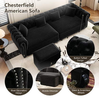 Chesterfield Sofa Bed by HouseOfZazla, 3-in-1 velvet, black tufted with nailhead trim and ottoman on Tampa Home & Garden Store