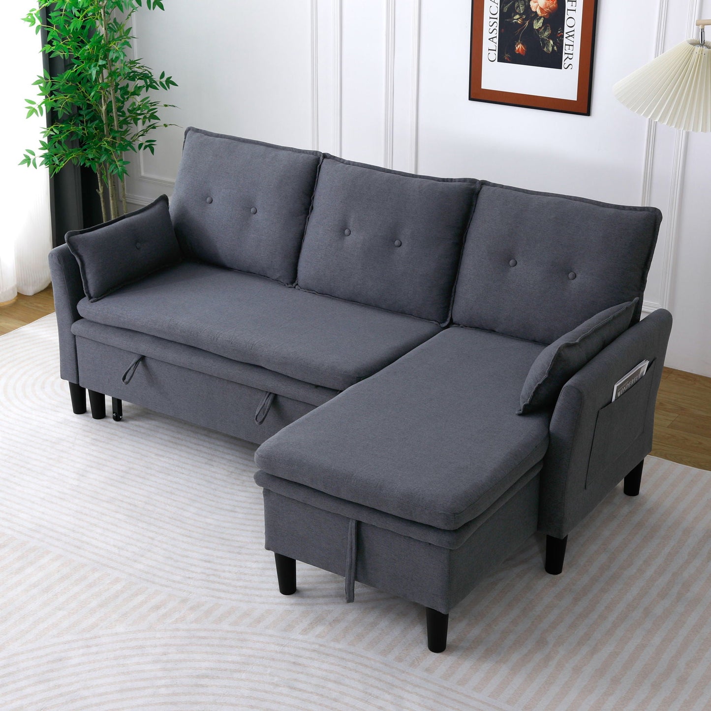 L-Shaped reversible chaise sectional sofa with storage in dark gray fabric upholstery on Tampa Home & Garden Store