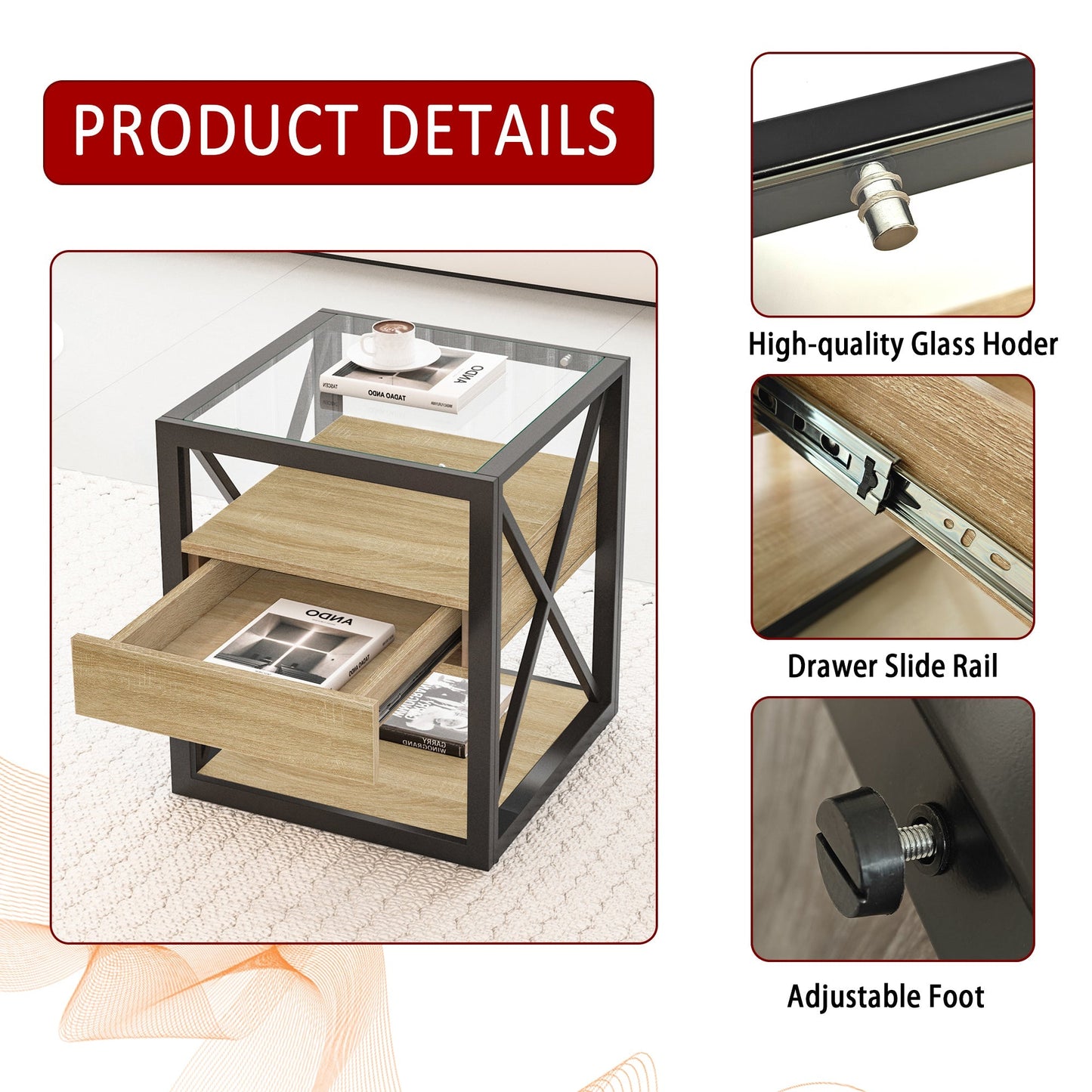Set of 2 modern end tables with glass tops, wood drawers, black metal frame by HouseOfZazla on Tampa Home & Garden Store
