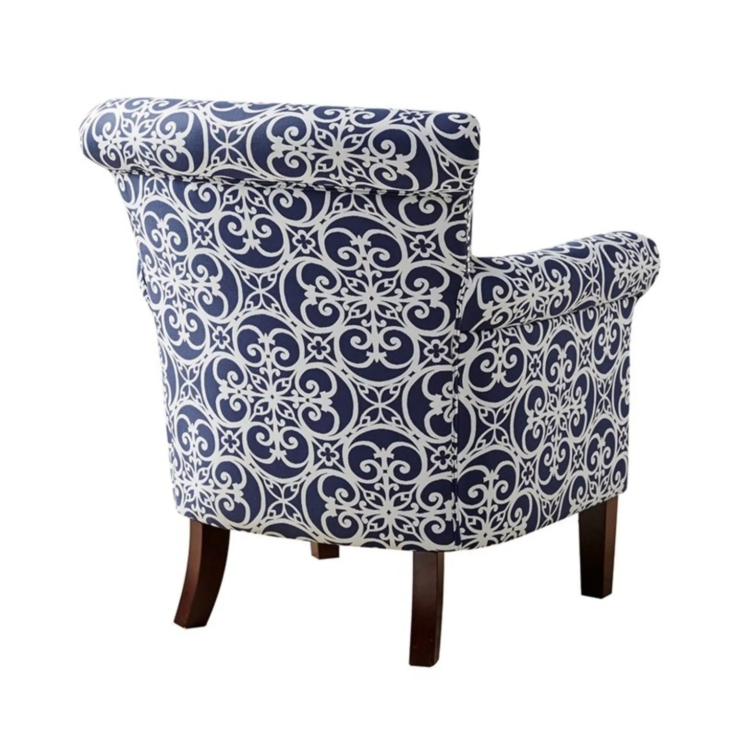 Brooke Tight Back Club Chair navy blue and white scroll upholstery with dark wood legs on Tampa Home and Garden Store