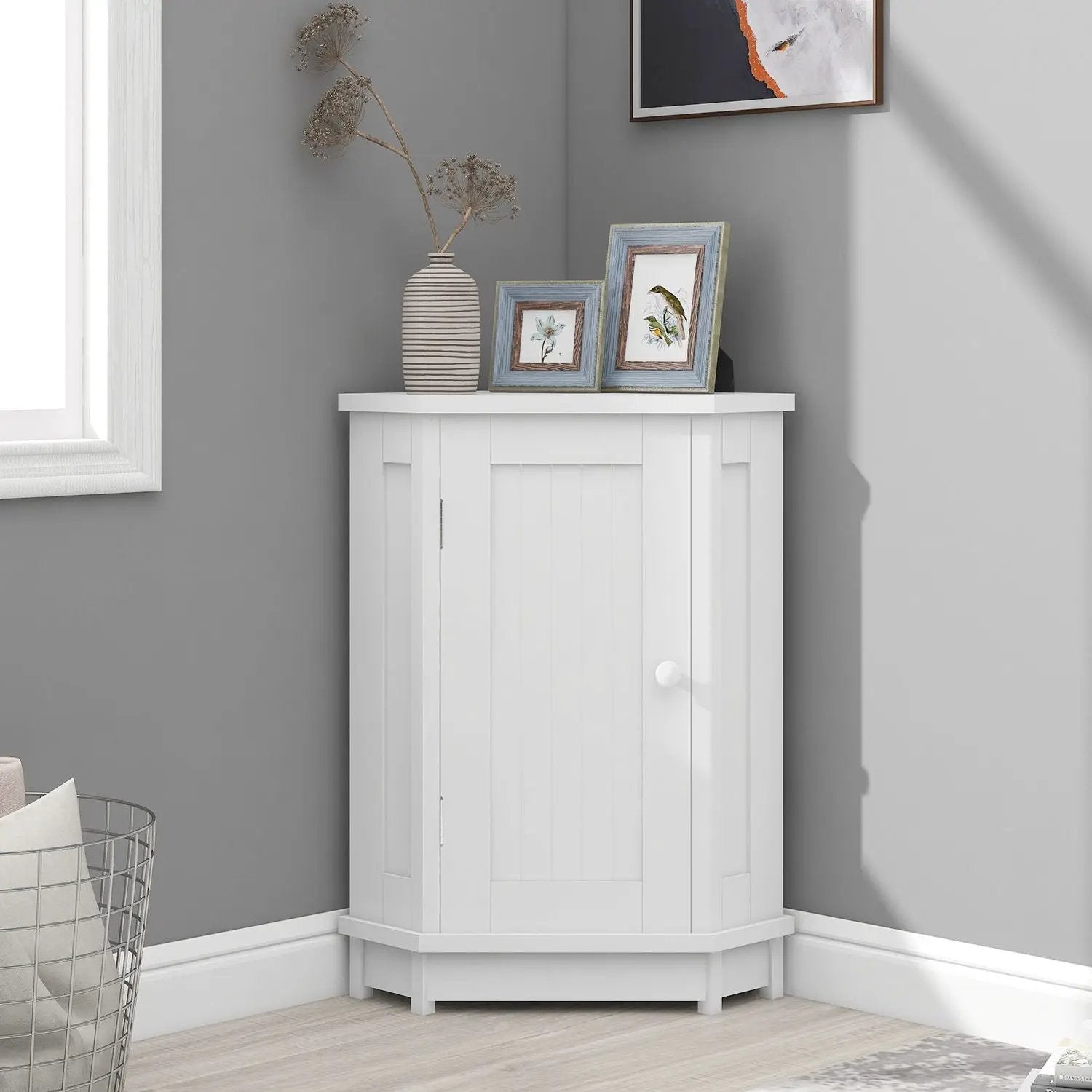 Bathroom triangle-corner linen cabinet with adjustable shelf white finish vase and frames on Tampa Home & Garden Store