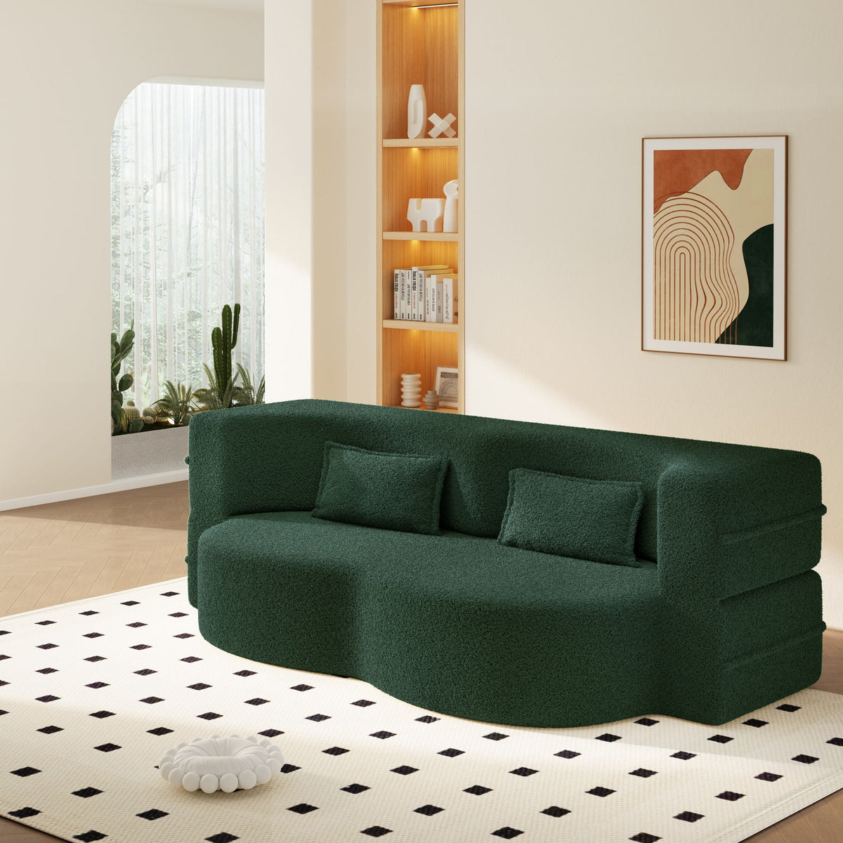 Modern Floor Sleeper Sofa Bed And Two Pillows