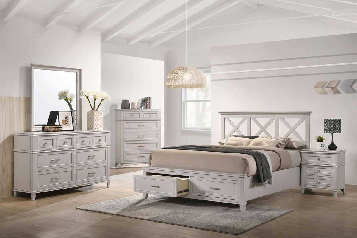Ample Storage Bed with X Headboard and Wood Base