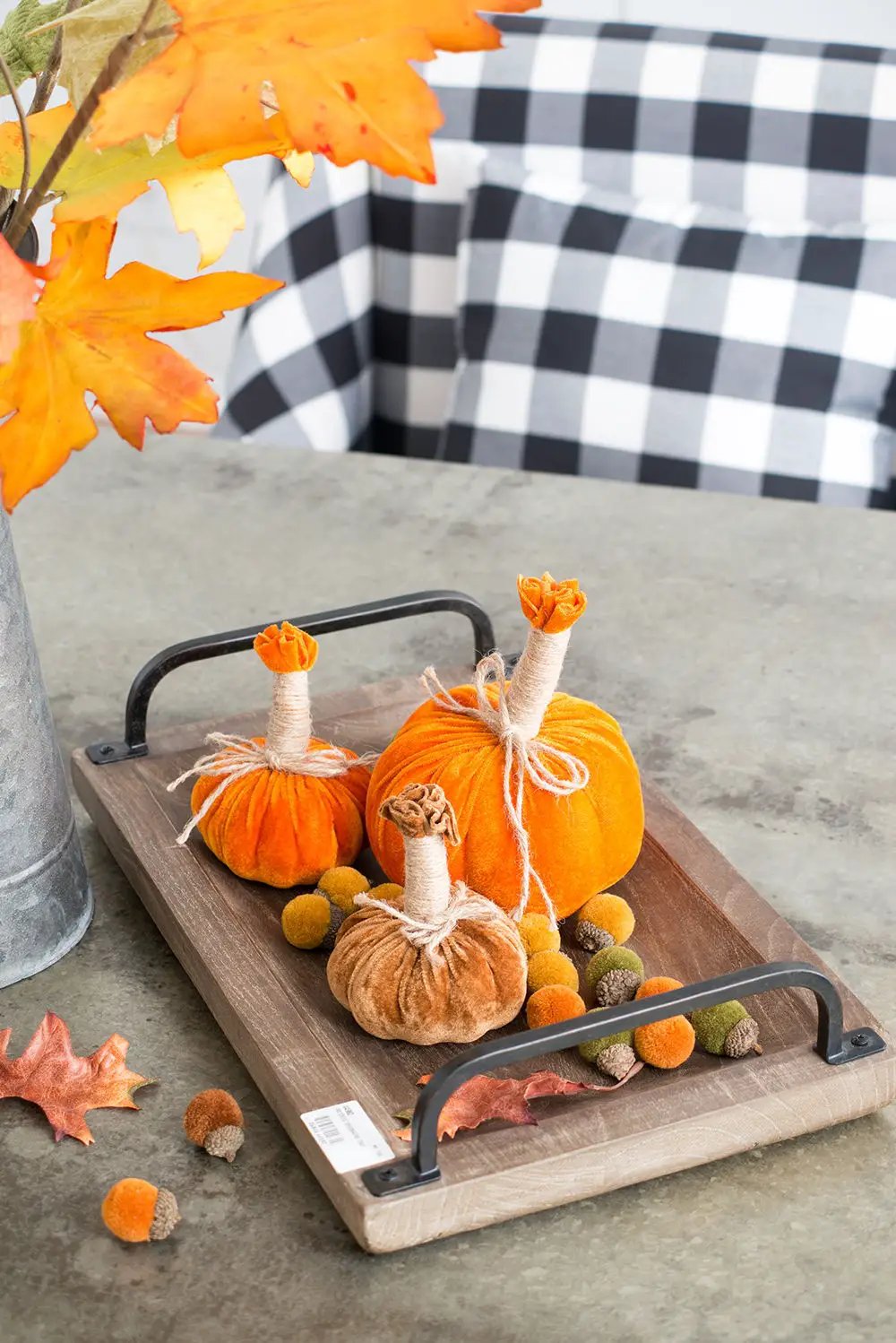 Velvet orange pumpkin ornaments with jute stems on a wooden tray, set of 6 on Tampa Home & Garden Store