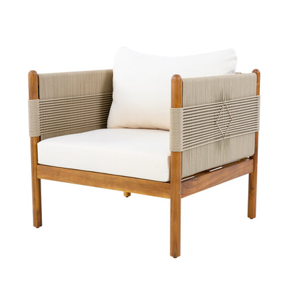 Outdoor Club Chairs set of 2 with beige rope and teak finish, white cushions HouseOfZazla on Tampa Home & Garden Store