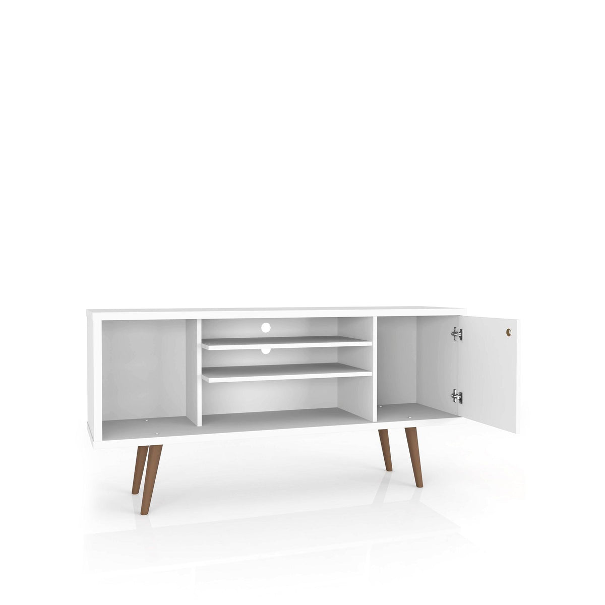 Smart Storage TV Stand with solid wood legs in white finish; open shelves and side cabinet on Tampa Home & Garden Store